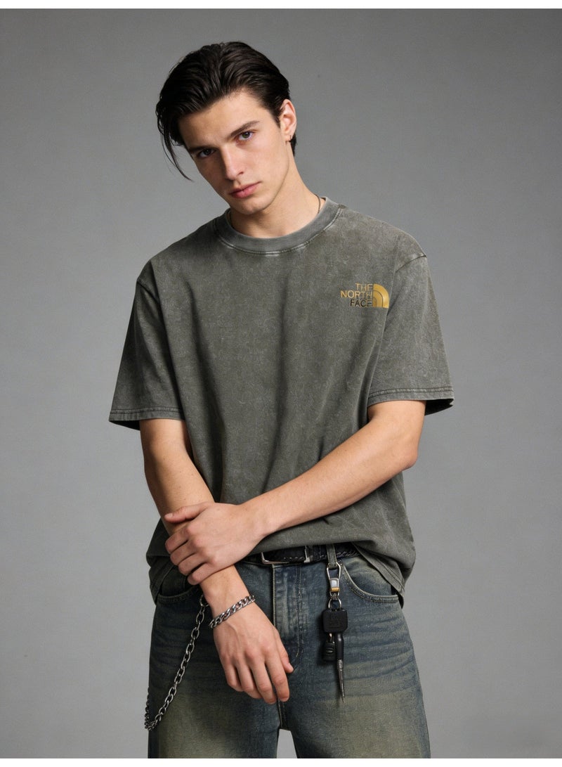 The North Face retro washed unisex T-shirt, high-grade cotton loose short sleeves with gold logo, retro street clothes for men and women. - Image 1